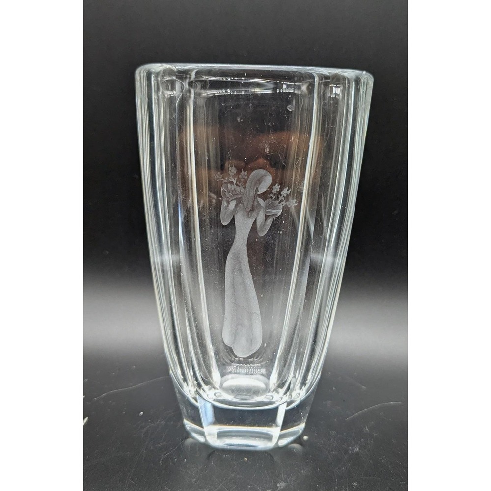 Vintage Etched Orrefors Clear Crystal Vase Maiden Holding A Flower Signed 7"